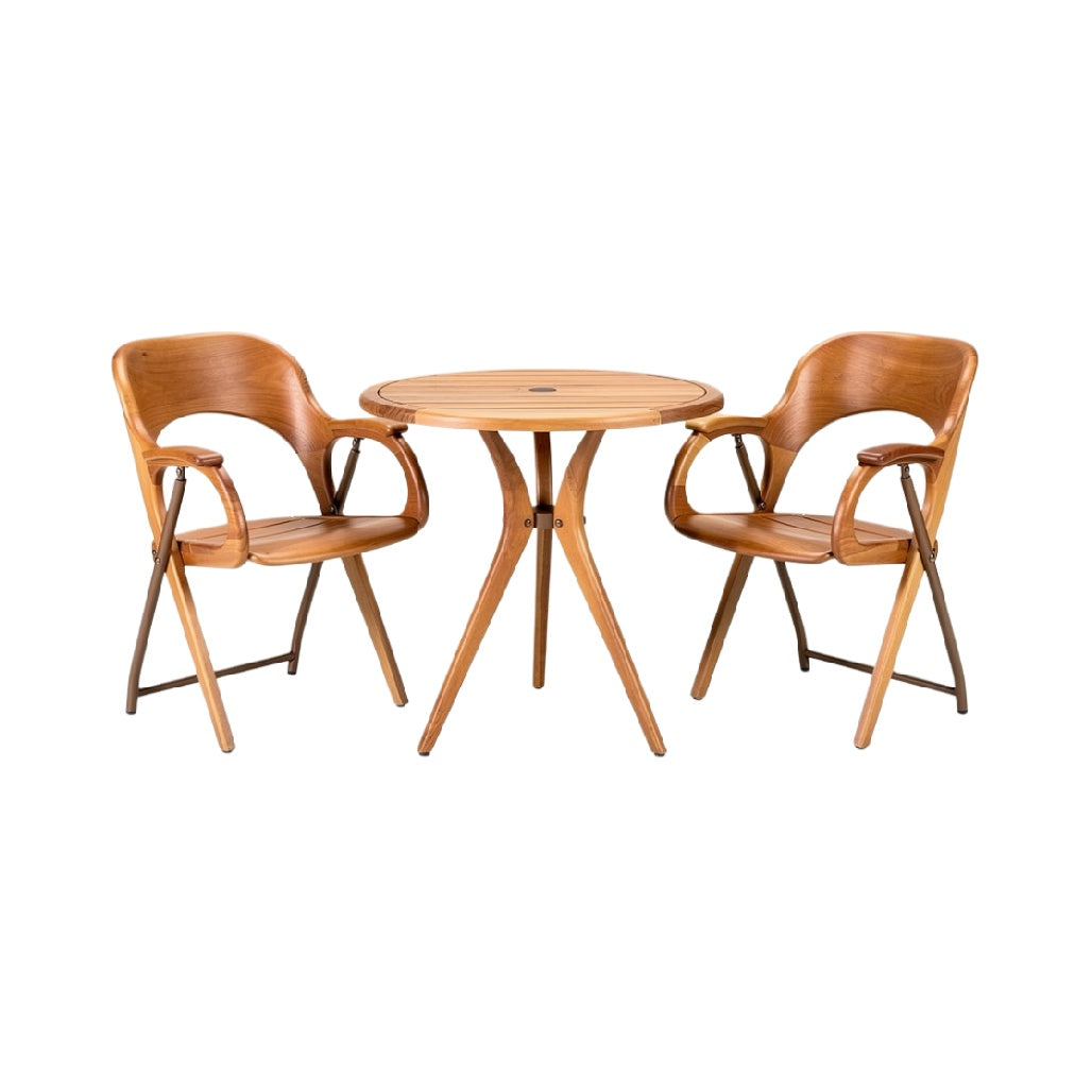 "Modern Wooden Bistro Set: Two Chairs and Round Table"