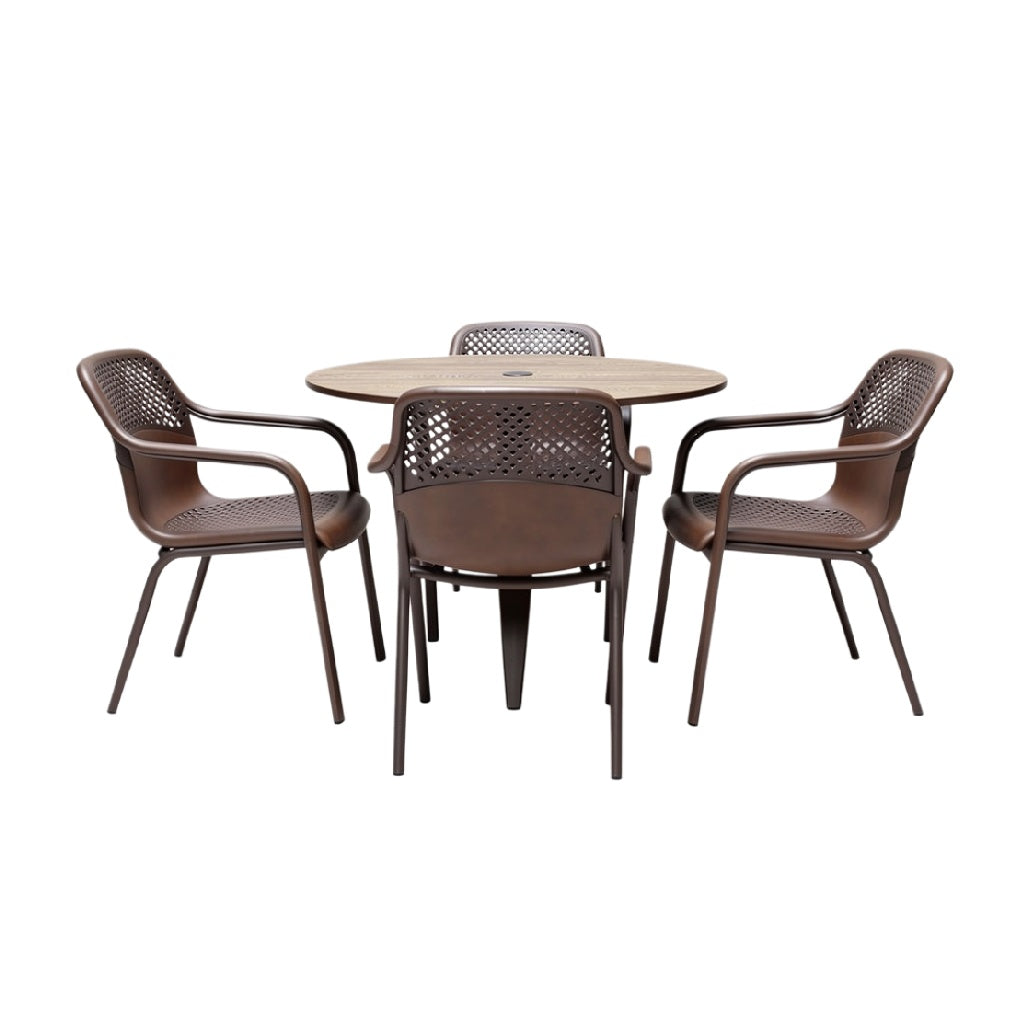 "Round Brown Outdoor Dining Table with Mesh Chairs"