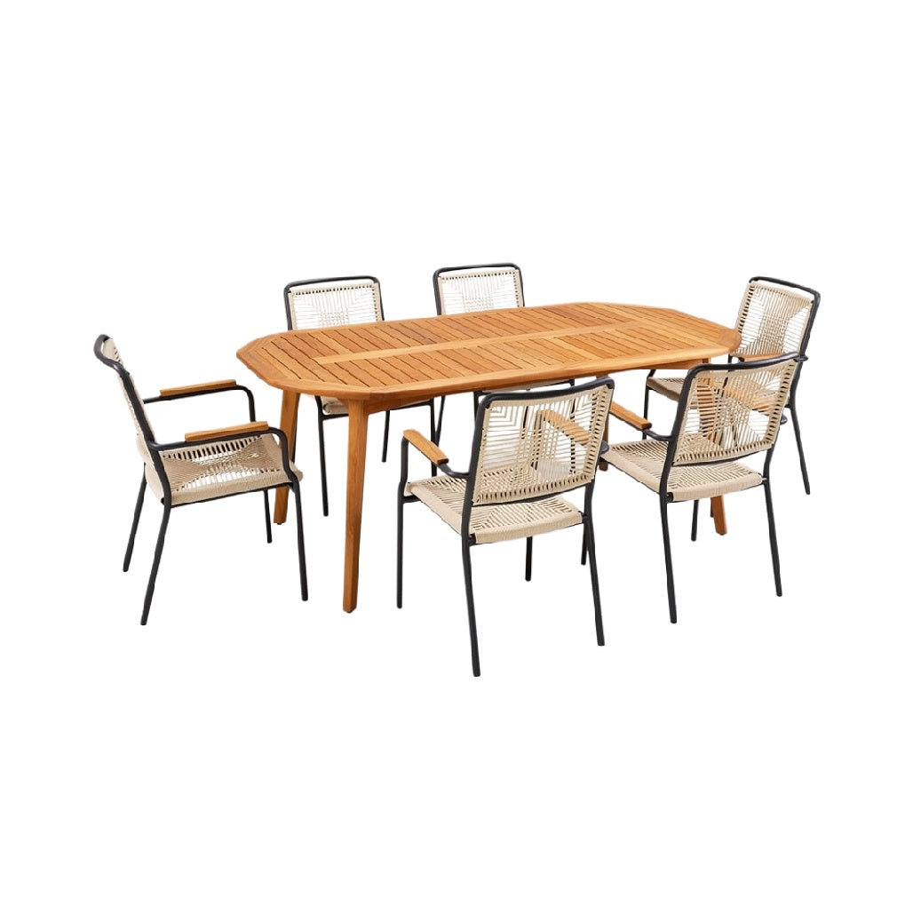 Outdoor Dining Table Set with Six Chairs, Wooden and Metal Design
