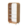 "Modern Wooden Display Shelf with Curved Design"