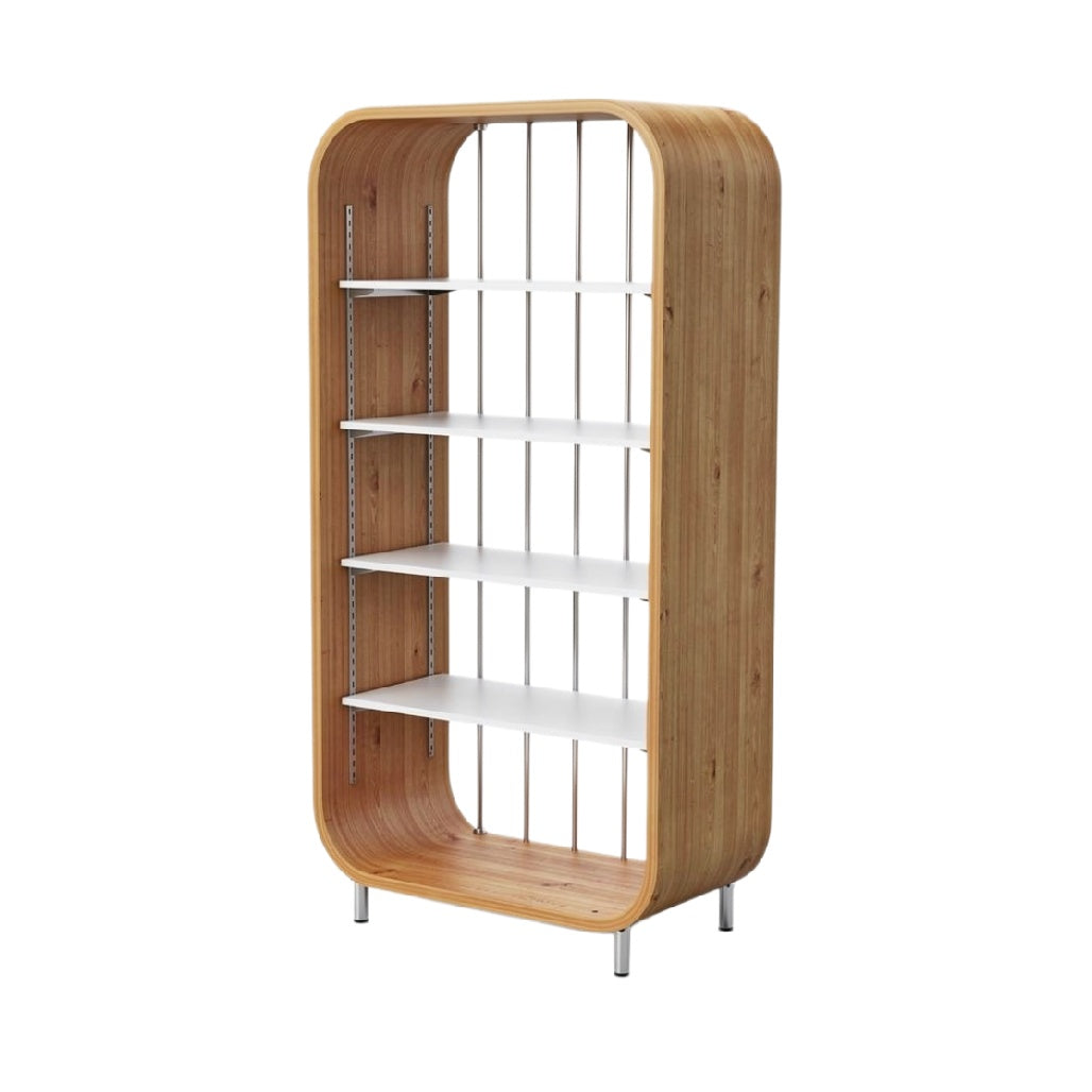 "Modern Wooden Display Shelf with Curved Design"