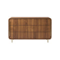 "Modern Walnut Wood Chest of Drawers with Sleek Gold Handles"