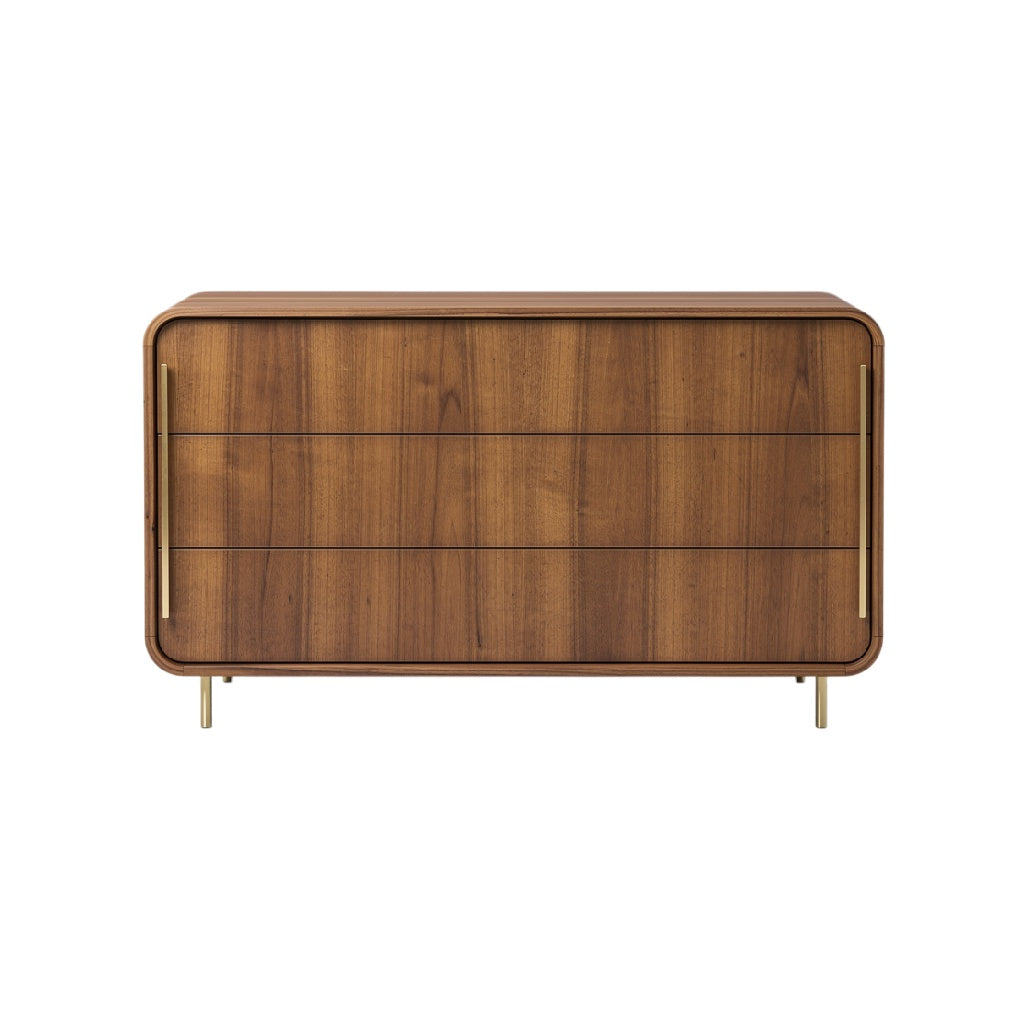 "Modern Walnut Wood Chest of Drawers with Sleek Gold Handles"