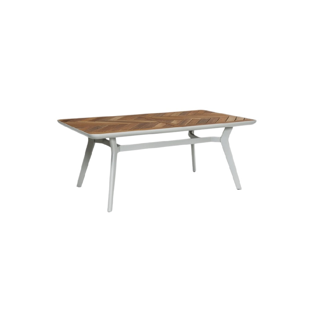 "Modern Rectangular Outdoor Dining Table with Wooden Top and Metal Frame"